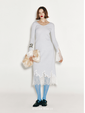 【晴空微蓝】加长睫毛蕾丝拼接羊绒羊毛混纺上衣