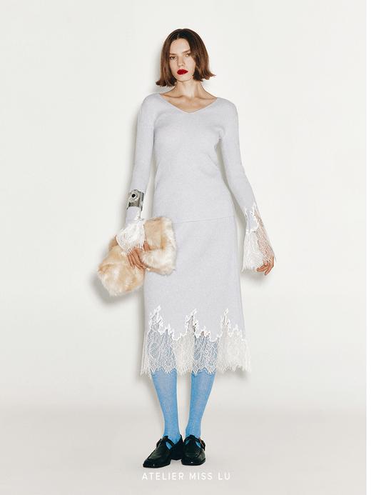 【晴空微蓝】加长睫毛蕾丝拼接羊绒羊毛混纺上衣 商品图0