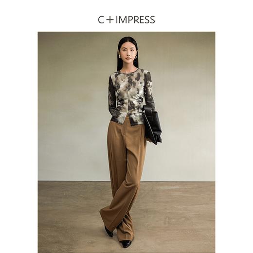 西嘉C+IMPRESS/西嘉裸感醋酸网纱 长袖打底衫女24秋装新款显瘦印花T恤(货号:T2403031) 商品图3