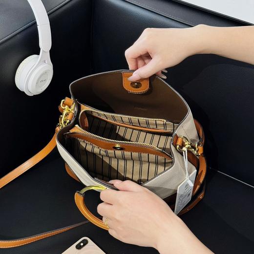 【复古撞色 轻奢通勤百搭女包】Crocus布达佩斯撞色水桶包 超大容量 真皮荔枝纹 商品图7