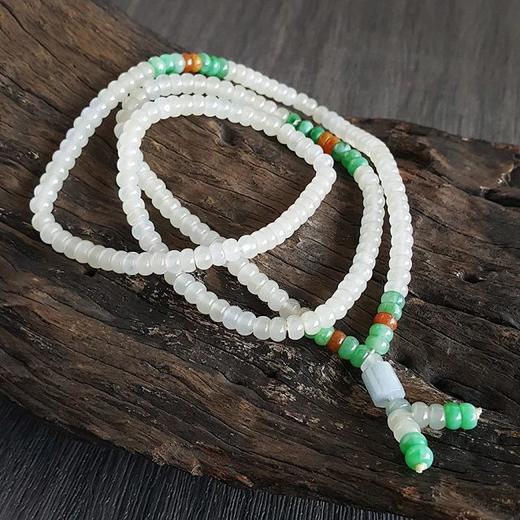 【天然正品】A货翡翠天然无杂裂冰种白色翡翠配糯种绿色翡翠算盘珠串珠项链70CM 现售价：1880！131023NJM15 商品图1