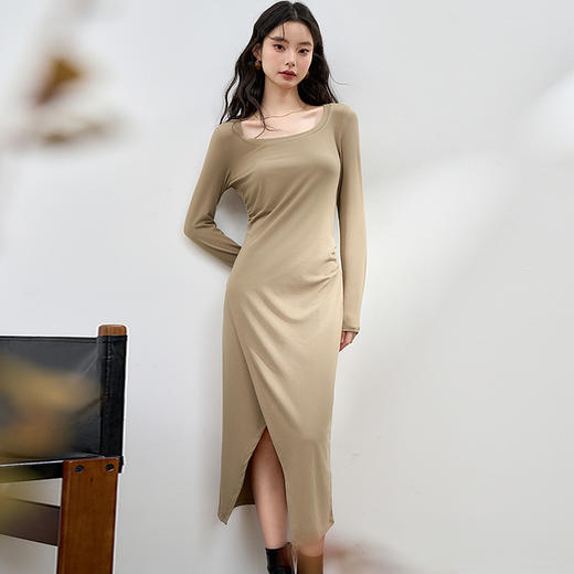 高级感针织裙女秋季设计感抽褶收腰下摆搭片开叉连衣裙V3342279 商品图0