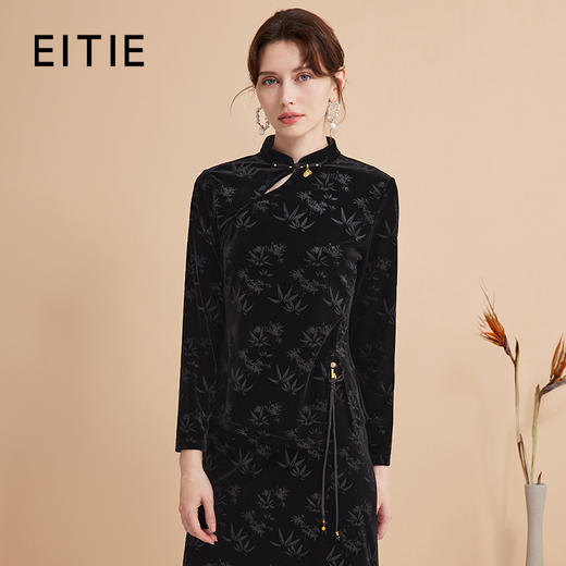 EITIE爱特爱秋季新款新中式盘扣印花暗纹气质显瘦黑色上衣C2413430 商品图0