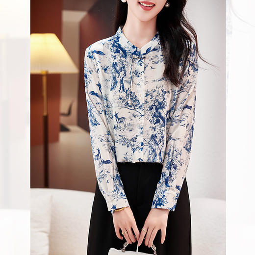 双绉真丝衬衫中式圆领长袖LS0006 商品图0