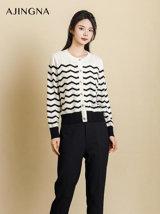 【商场同款】阿菁娜2024秋季新款经典黑白撞色长袖毛衫A29Q318018 商品图3