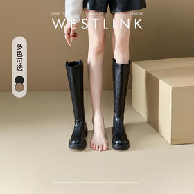 西遇英伦风长筒靴女新款秋冬复古显瘦褶皱黑色长靴厚底骑士靴D3547519