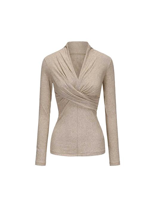 【雪地麦穗】褶皱设计细V领弹力上衣 商品图4