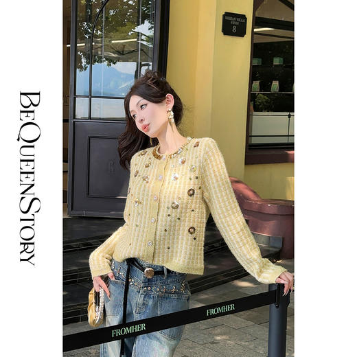 BeQueenStory【金奢画报】羊驼毛绵羊毛手工珠片花羽毛纱雅丹风外套 商品图4