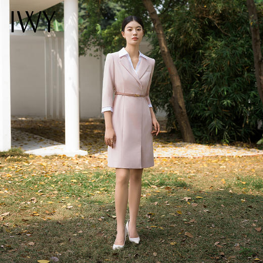 IWY/秋季粉色七分袖连衣裙气质时尚干练工作服小香风假两件职业装Q14233 商品图1