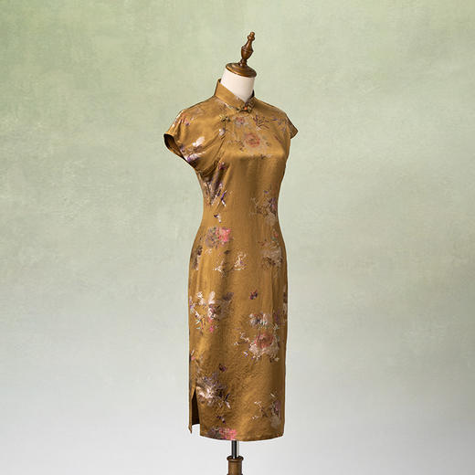 荷言GL 秋风渭水 棕黄色仿烧花印花古法旗袍 商品图1