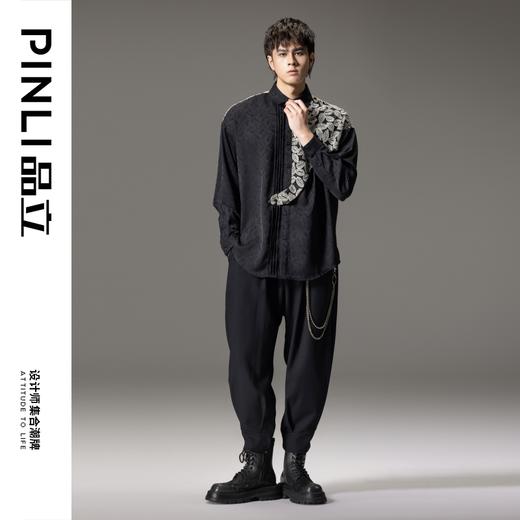 PINLI品立秋季新款中国风刺绣拼接长袖衬衫男士国潮宽松衬衣B243113007 商品图1