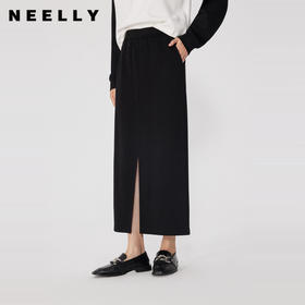 NEELLY纳俪2024秋季商场同款通勤风黑色针织半身裙女新款高腰开叉N24082E01118