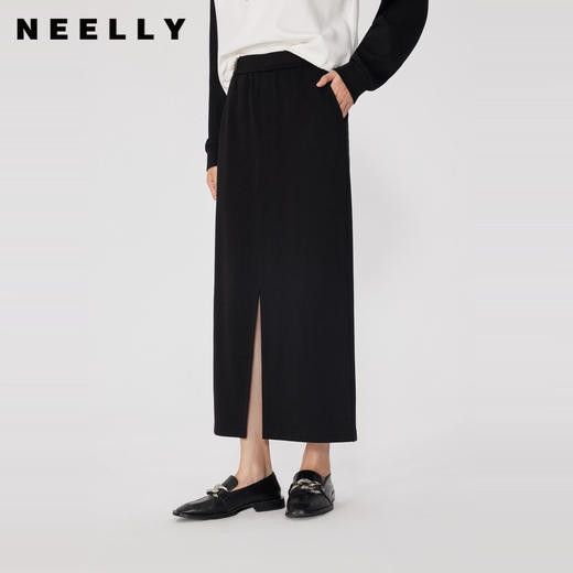 NEELLY纳俪2024秋季商场同款通勤风黑色针织半身裙女新款高腰开叉N24082E01118 商品图0