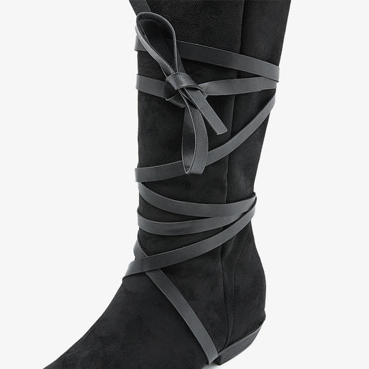 西遇西部牛仔靴女新款秋冬绑带长靴废土风沙漠平底尖头长筒靴V3547547 商品图5