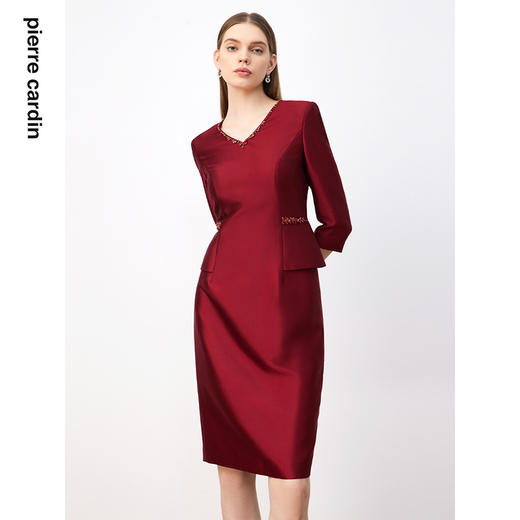 皮尔卡丹女装连衣裙酒红色缎面亮面醋酸气质高贵裙子P3308E3971R0 商品图3