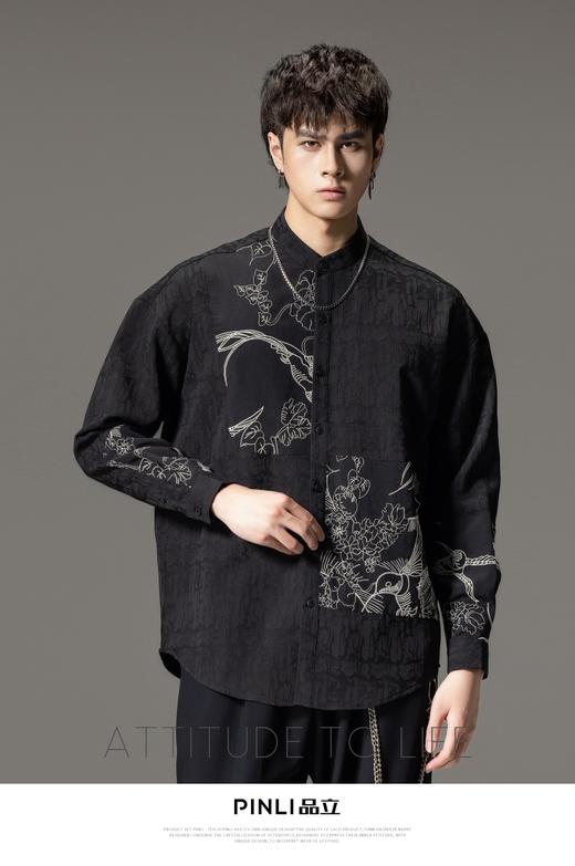 PINLI品立春季新款新中式立领刺绣衬衫男士拼接长袖国潮衬衣B243113012 商品图6