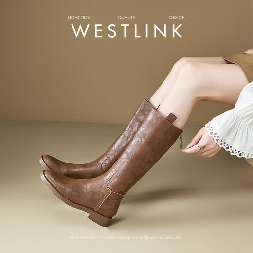 西遇厚底长筒靴女新款秋冬美拉德棕色西部靴子显瘦不过膝长靴V3547548 商品图1