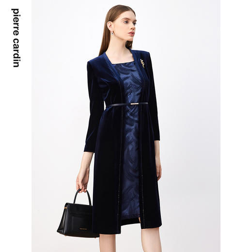 皮尔卡丹女装连衣裙法式经典复古丝绒假两件通勤裙子P3320E3915N0 商品图3