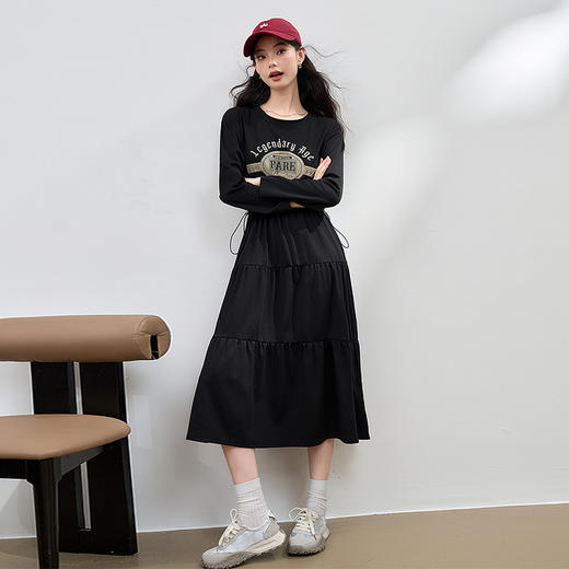 美式复古印花长袖连衣裙女秋季运动休闲抽绳收腰针织裙V3442281 商品图1