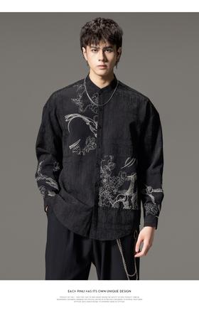 PINLI品立春季新款新中式立领刺绣衬衫男士拼接长袖国潮衬衣B243113012