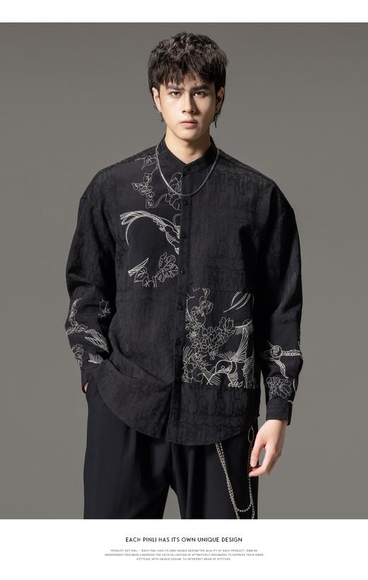 PINLI品立春季新款新中式立领刺绣衬衫男士拼接长袖国潮衬衣B243113012 商品图0