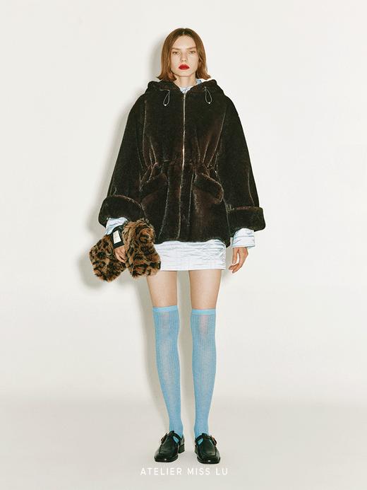 【德古拉城堡】可调节收腰设计仿皮草拉链连帽外套 商品图0