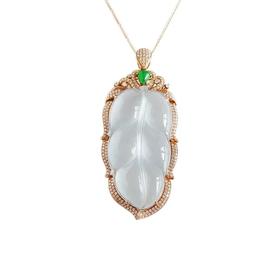 【天然正品】A货天然冰种白色叶子翡翠吊坠   30.30克  AU750玫瑰金豪镶钻石 时尚款 天然冰种 白色叶子 金枝玉叶 翡翠吊坠     031016KC01