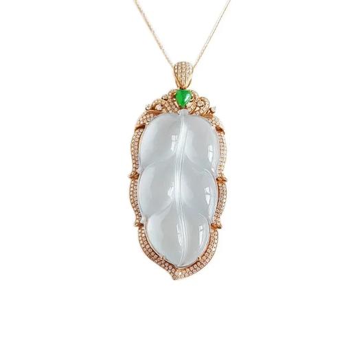 【天然正品】A货天然冰种白色叶子翡翠吊坠   30.30克  AU750玫瑰金豪镶钻石 时尚款 天然冰种 白色叶子 金枝玉叶 翡翠吊坠     031016KC01 商品图0