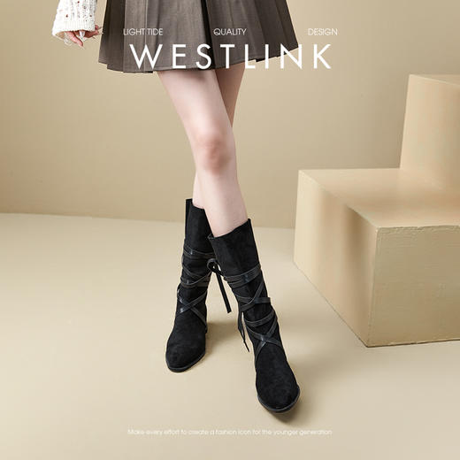 西遇西部牛仔靴女新款秋冬绑带长靴废土风沙漠平底尖头长筒靴V3547547 商品图3