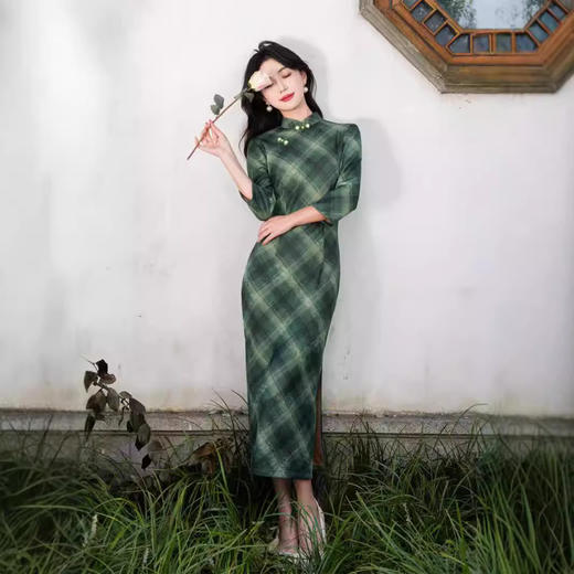秋款格纹针织提花长款旗袍文艺复古SJT683 商品图3