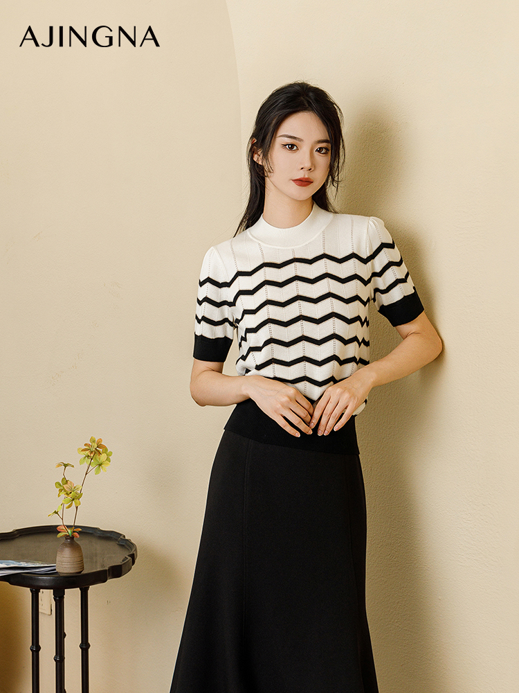【商场同款】阿菁娜秋季新款半高领条纹短袖毛衫A29Q301019