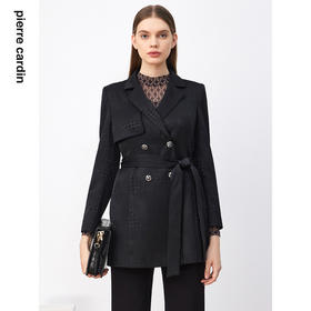 皮尔卡丹女装风衣黑色法式时尚短款系带收腰上衣外套P3331G3988B0
