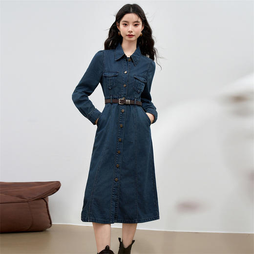 西遇长袖牛仔连衣裙女新款翻领港风复古收腰A字长裙13442547 商品图0