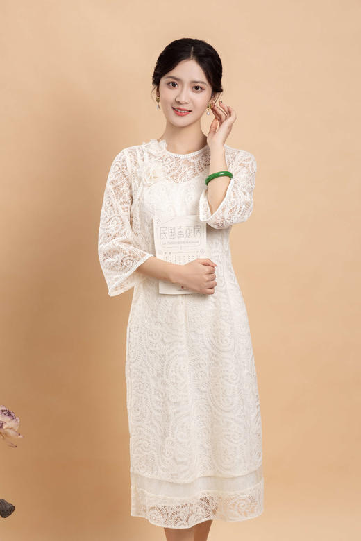 荷言GL 白玫瑰 新中式白色连衣裙蕾丝两件套贝珠扣玫瑰领花优雅 商品图0