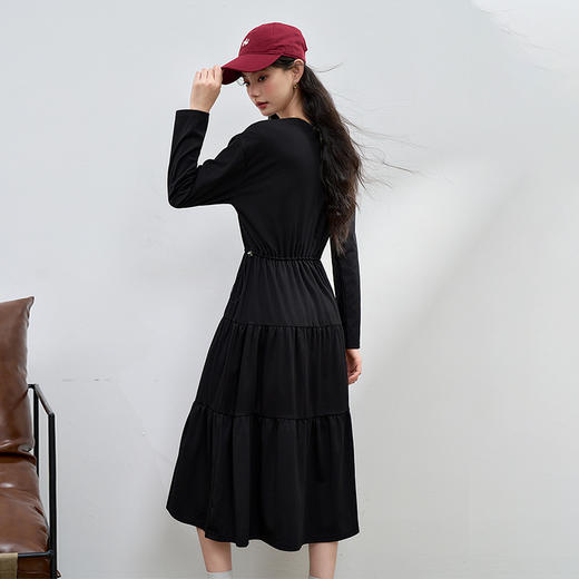 美式复古印花长袖连衣裙女秋季运动休闲抽绳收腰针织裙V3442281 商品图4