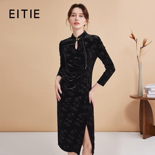 EITIE爱特爱秋季新款新中式改良旗袍暗纹黑色开叉显瘦连衣裙C2407428 商品图0