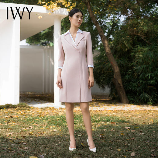 IWY/秋季粉色七分袖连衣裙气质时尚干练工作服小香风假两件职业装Q14233 商品图0