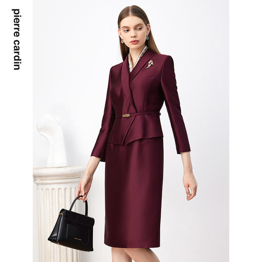 皮尔卡丹女装连衣裙酒红色缎面高贵醋酸假两件西服裙P3308E3983T0 商品图3