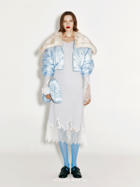 【晴空飞行家】冰川蓝仿皮草毛领短款棉服外套