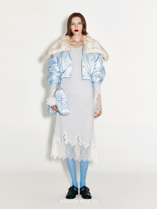 【晴空飞行家】冰川蓝仿皮草毛领短款棉服外套 商品图0