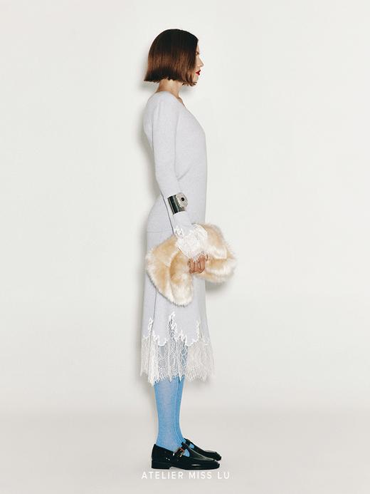【晴空微蓝】加长睫毛蕾丝拼接羊绒羊毛混纺上衣 商品图3