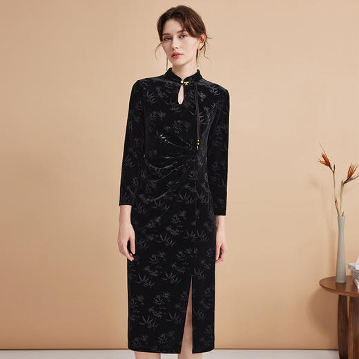 EITIE爱特爱秋季新款新中式改良旗袍暗纹黑色开叉显瘦连衣裙C2407428 商品图1