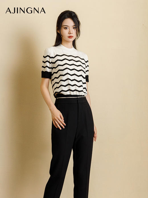 【商场同款】阿菁娜2024秋季新款半高领条纹短袖毛衫A29Q301019 商品图2