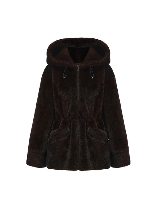 【德古拉城堡】可调节收腰设计仿皮草拉链连帽外套 商品图4