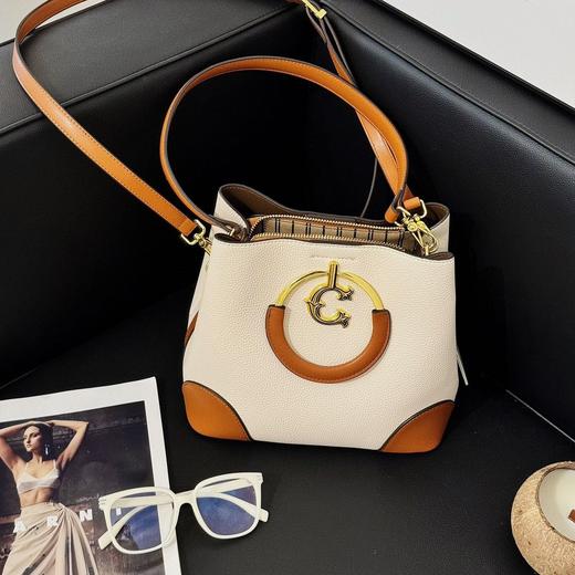 【复古撞色 轻奢通勤百搭女包】Crocus布达佩斯撞色水桶包 超大容量 真皮荔枝纹 商品图5