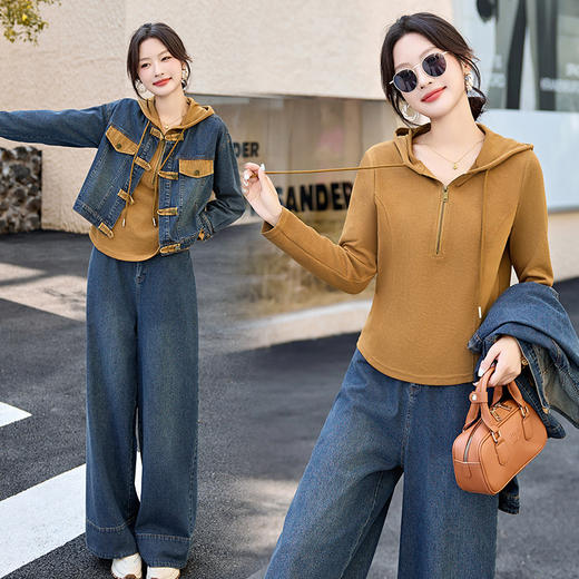 新中式三件套时尚休闲，连帽卫衣牛仔外套阔腿裤HR-GJC2821 商品图3