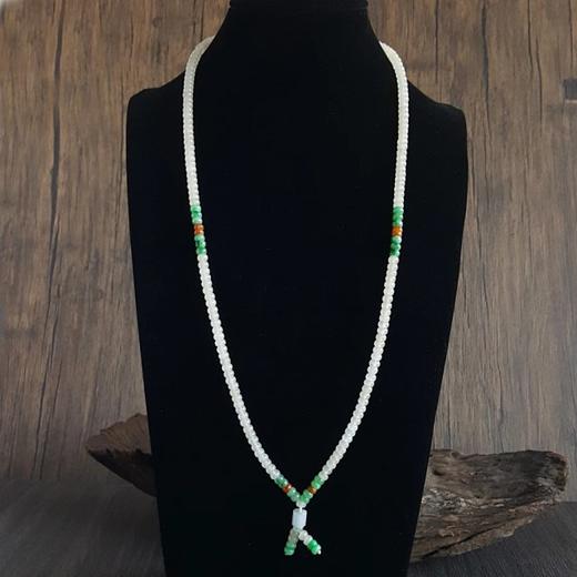 【天然正品】A货翡翠天然无杂裂冰种白色翡翠配糯种绿色翡翠算盘珠串珠项链70CM 现售价：1880！131023NJM15 商品图6