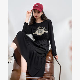 美式复古印花长袖连衣裙女秋季运动休闲抽绳收腰针织裙V3442281