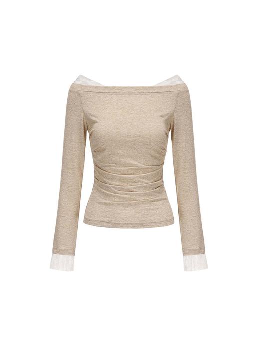 【晴空积云】蕾丝拼接设计一字肩抽褶弹力上衣 商品图4