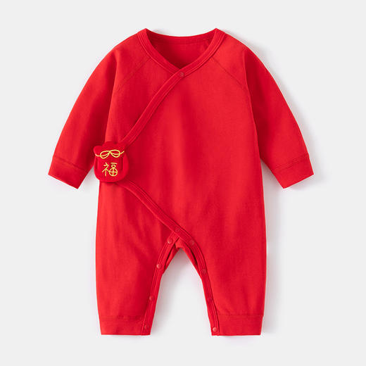 【大红喜庆新生婴儿连体衣】满月服四季纯棉哈衣长袖男女宝宝百天红色可爱 商品图0